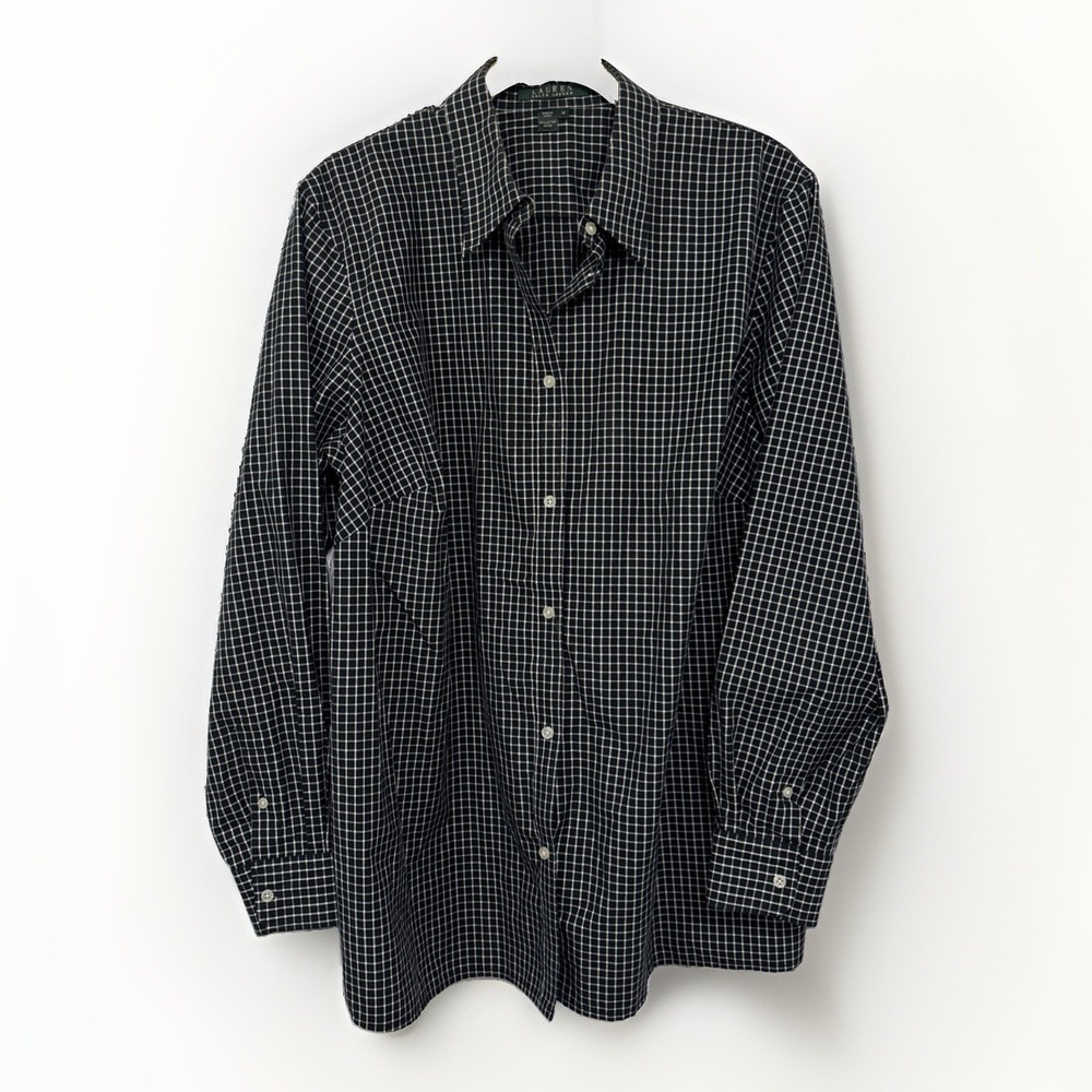Lauren Ralph Lauren Womens Shirt Sz 1X Plus Black White Checked Button Up Preppy